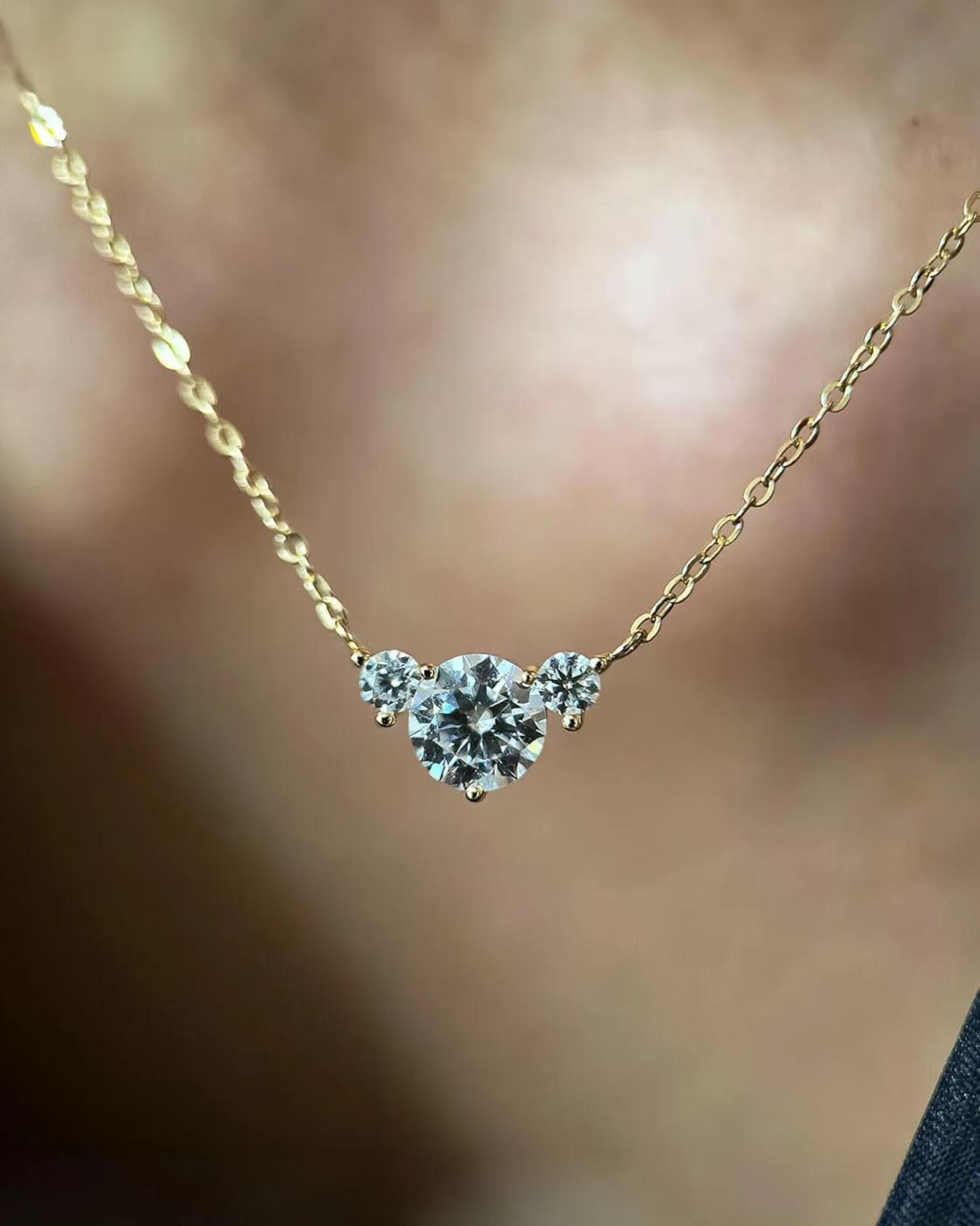 Trio Diamond Necklace Set in 14k Yellow Gold Round Brilliant Center with Accent Stones Dainty Fine Jewelry Gift Three Diamond Pendant Necklace Symbolic Design Elegant Minimal Chain Sophisticated Everyday Wear