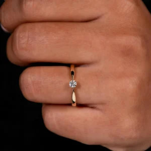 Glowmere Minimalist Round Brilliant Diamond Solitaire Ring in Solid Yellow Gold Elegant Thin Band Engagement Ring for Women, Classic Single Stone Fine Jewelry