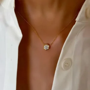 Authentic 14K Gold Minimal Lightweight Jewelry Piece Perfect Gift for Her Daily Wear Dainty Round Shape Diamond Pendant Necklace in Solid Gold with Smooth Polished Finish and High Clarity Stone