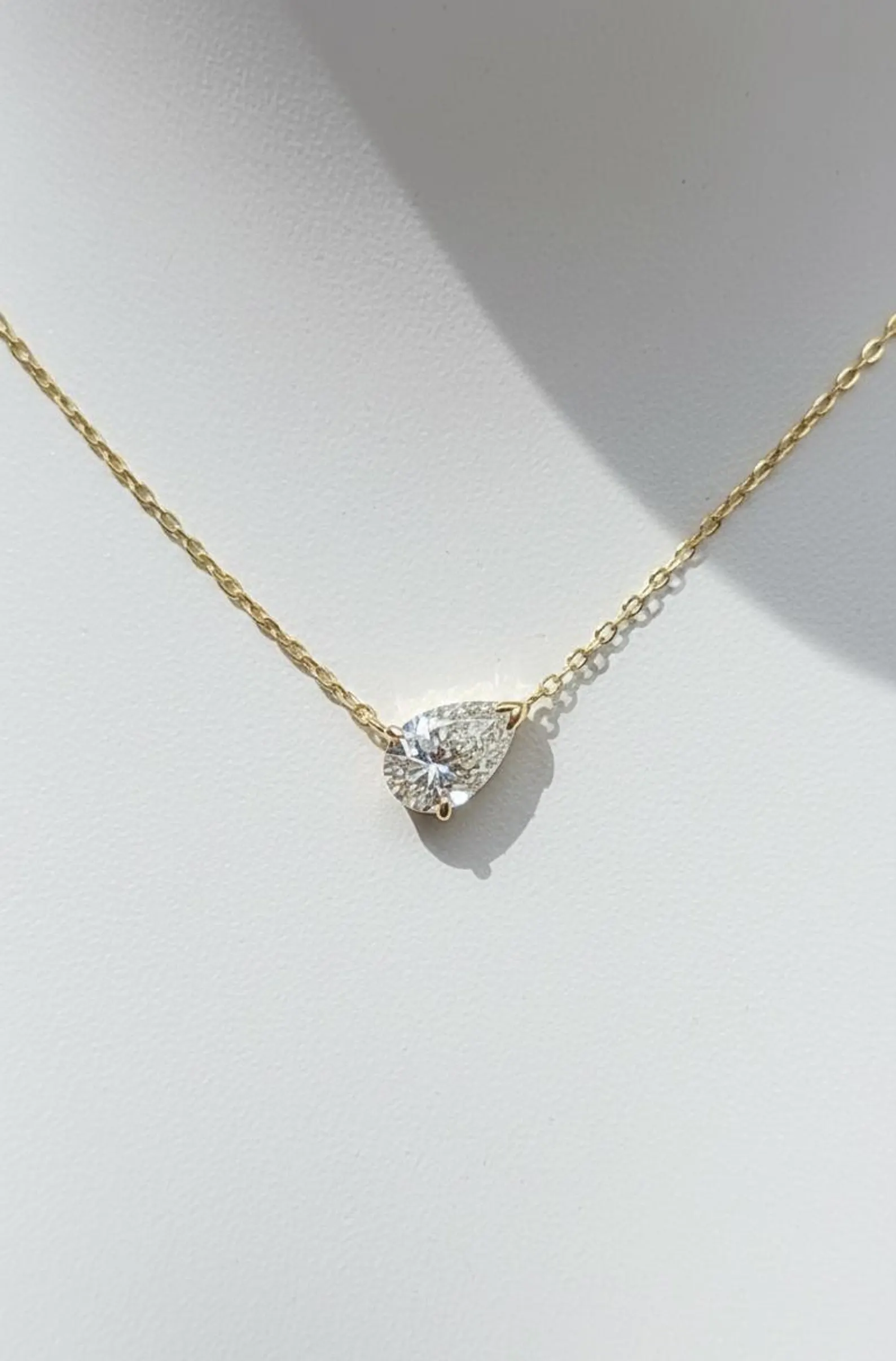 Asymmetrical Pear Diamond Pendant Necklace Designed in 14k Yellow Gold Sleek Sideways Setting Fine Jewelry Gift Modern Teardrop Diamond Necklace Lightweight Minimal Chain Elegant Sophisticated Jewelry for Women - Image 2