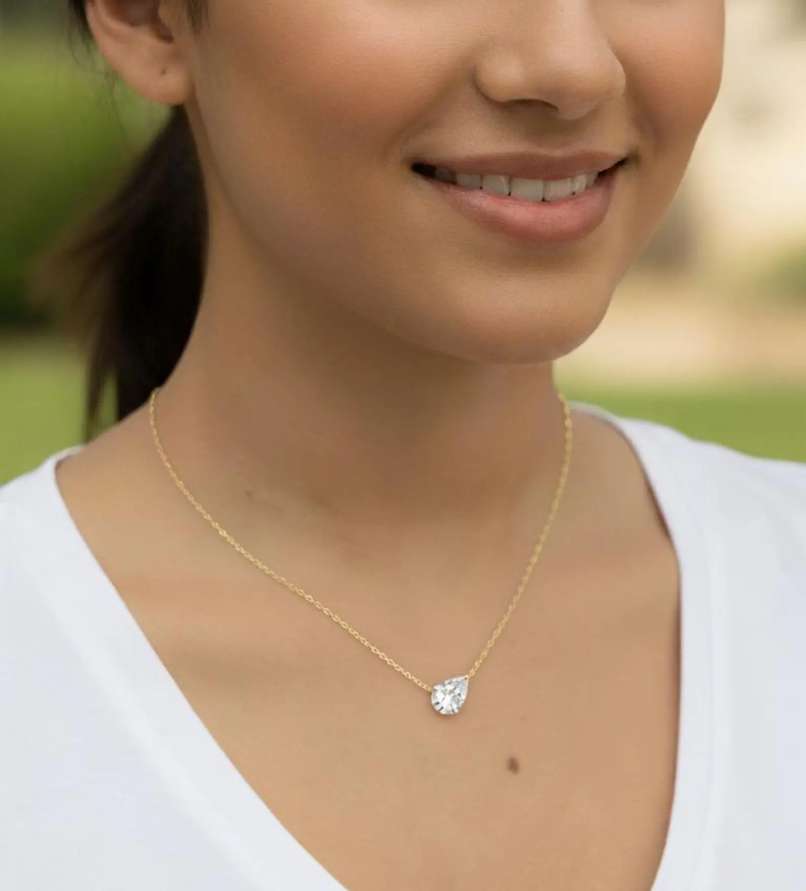 Asymmetrical Pear Diamond Pendant Necklace Designed in 14k Yellow Gold Sleek Sideways Setting Fine Jewelry Gift Modern Teardrop Diamond Necklace Lightweight Minimal Chain Elegant Sophisticated Jewelry for Women - Image 4