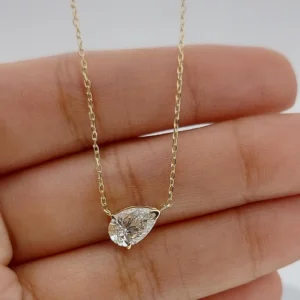 Asymmetrical Pear Diamond Pendant Necklace Designed in 14k Yellow Gold Sleek Sideways Setting Fine Jewelry Gift Modern Teardrop Diamond Necklace Lightweight Minimal Chain Elegant Sophisticated Jewelry for Women