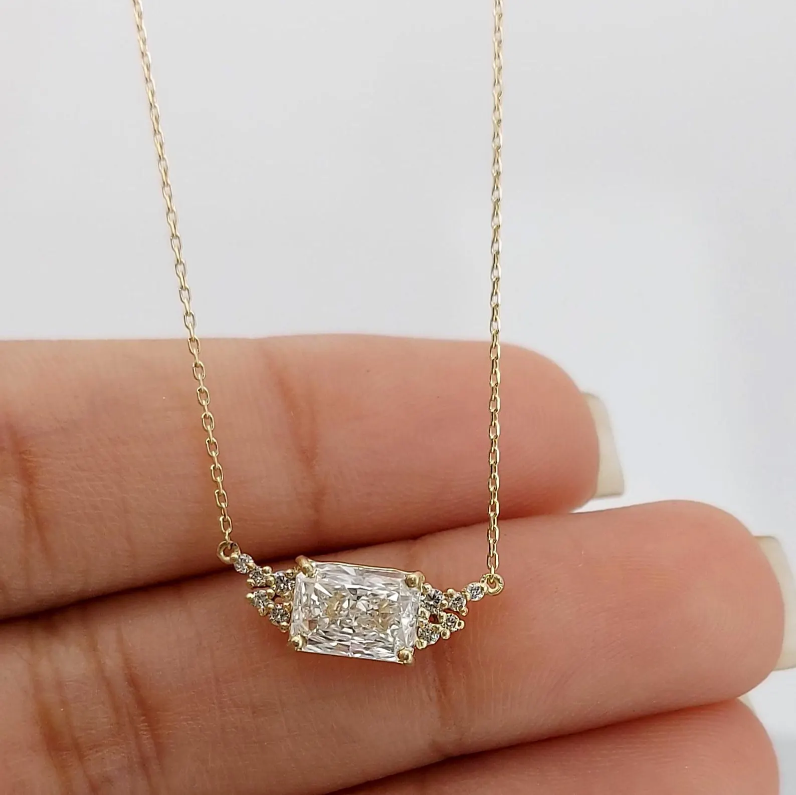 East West Radiant Diamond Necklace Designed in 14k Yellow Gold Minimal Pendant Contemporary Jewelry for Her Sleek Horizontal Diamond Necklace Refined Style Elegant Fine Jewelry Gift Idea for Women - Image 3