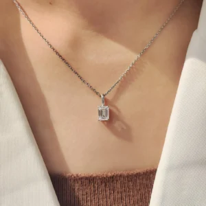 Sophistication and Refined Luxury Style Elegant Emerald Cut Diamond Pendant Necklace in 14K Gold with Sleek Vertical Sparkle and Modern Clean Lines Dainty Minimal Everyday Jewelry Piece Designed