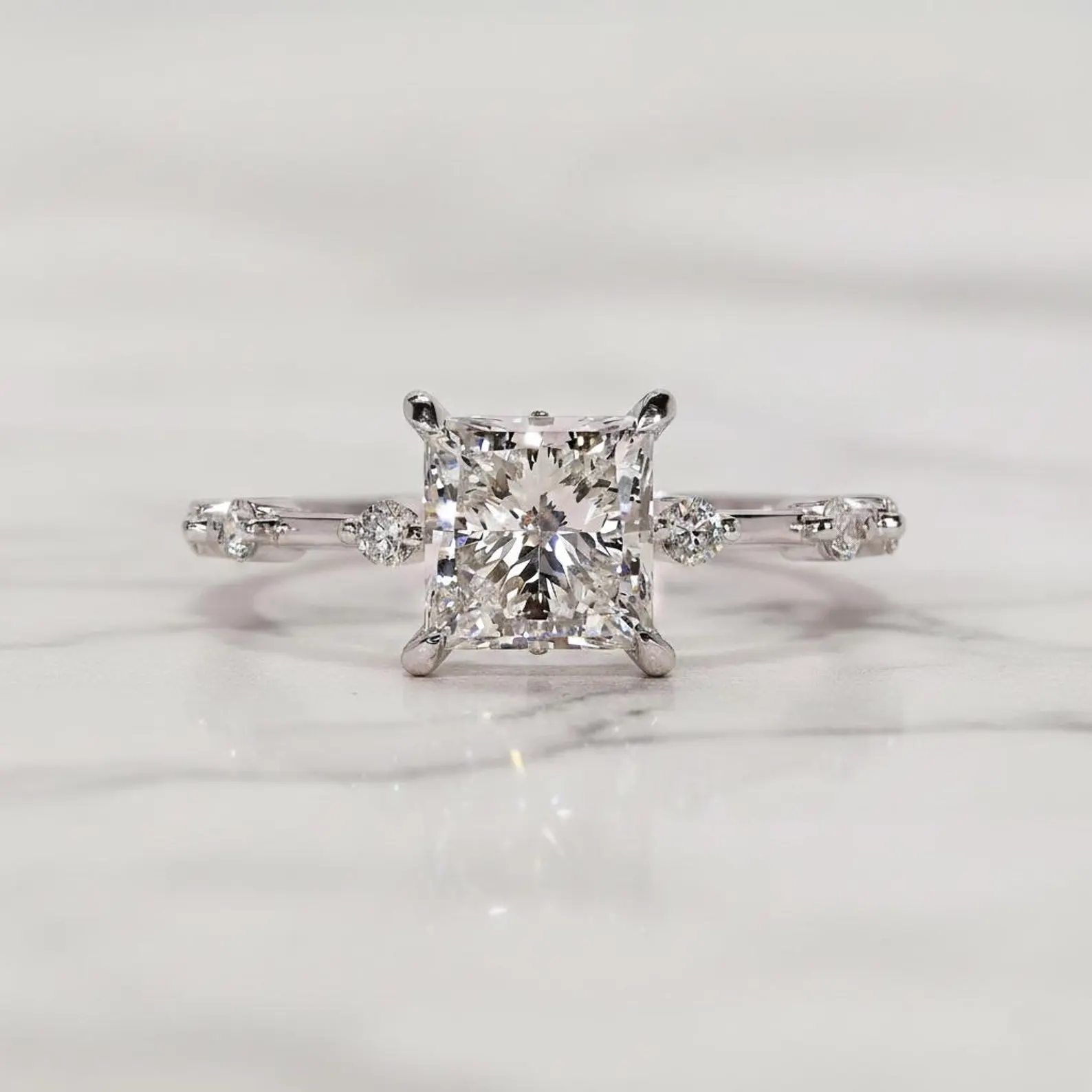 Princess Cut Diamond Engagement Ring in 14k Solid Gold with Delicate Pavé Side Stones Minimalist Square Diamond Ring for Women, Fine Jewelry Gift - Image 2