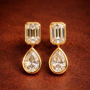 Sophisticated Double Stone Diamond Dangle Earrings in Fine Gold with Emerald Cut Top and Pear Shape Drop Design Beautiful 14K Gold Delicate Statement Jewelry Elegant Gift for Women Wedding Anniversary Celebration
