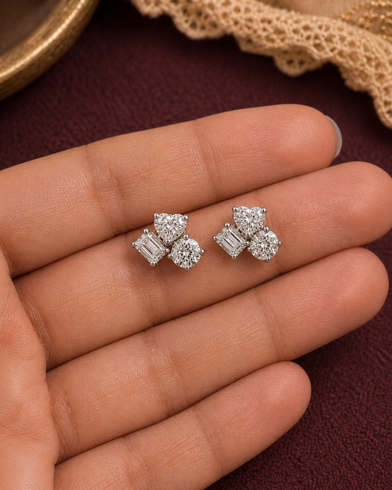 Trendy Mixed Cut Diamond Earrings in Fine Gold with Unique Cluster Arrangement and High Sparkle Finish Beautiful 14K Gold Elegant Minimal Statement Jewelry Gift for Women Wedding Anniversary Celebration - Image 3