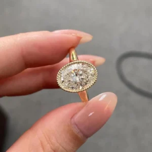 Brightlyn Oval Cut Diamond Halo Engagement Ring in Solid Yellow Gold Minimalist Bezel Halo Solitaire Ring with Milgrain Detailing for Women