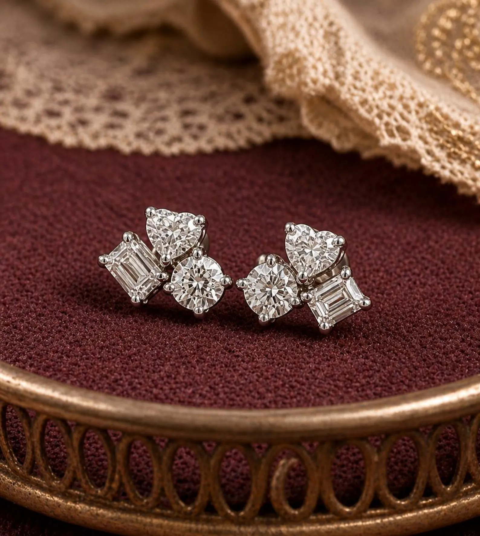 Trendy Mixed Cut Diamond Earrings in Fine Gold with Unique Cluster Arrangement and High Sparkle Finish Beautiful 14K Gold Elegant Minimal Statement Jewelry Gift for Women Wedding Anniversary Celebration
