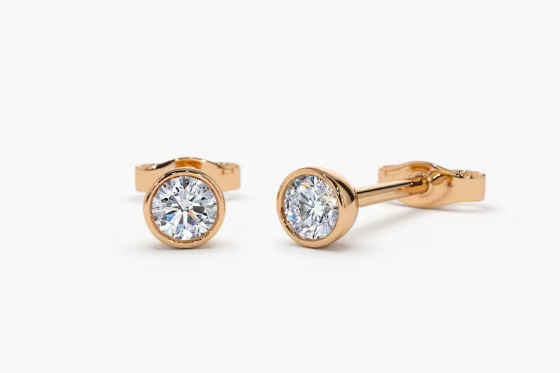 Classic Round Brilliant Diamond Stud Earrings in 14K White Gold Bezel Set Solitaire Earrings, Minimalist Everyday Fine Jewelry Gift for Her, Wife or Girlfriend - Image 3
