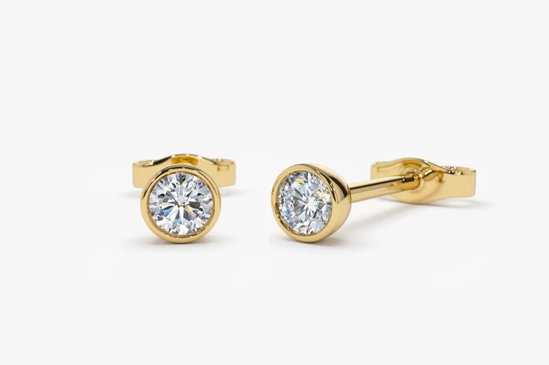 Classic Round Brilliant Diamond Stud Earrings in 14K White Gold Bezel Set Solitaire Earrings, Minimalist Everyday Fine Jewelry Gift for Her, Wife or Girlfriend - Image 2