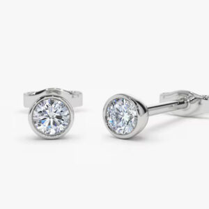 Classic Round Brilliant Diamond Stud Earrings in 14K White Gold Bezel Set Solitaire Earrings, Minimalist Everyday Fine Jewelry Gift for Her, Wife or Girlfriend