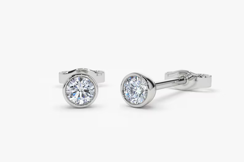 Classic Round Brilliant Diamond Stud Earrings in 14K White Gold Bezel Set Solitaire Earrings, Minimalist Everyday Fine Jewelry Gift for Her, Wife or Girlfriend