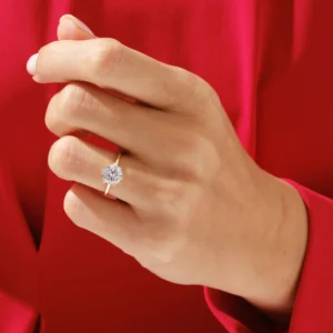 Unity Glow classic solitaire engagement ring featuring a brilliant round-cut diamond with exceptional sparkle and fire, set in a delicate minimalist 14K yellow gold band, designed for timeless beauty, everyday luxury, and refined sophistication with a graceful and radiant finish