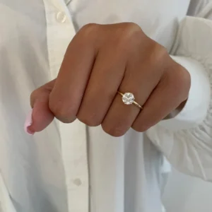 Minimalist Round Cut Moissanite Engagement Ring in Gold Tone Silver Dainty Solitaire Design with Thin Band, Elegant Everyday Wear Jewelry, Subtle Yet Timeless Bridal Style for Women
