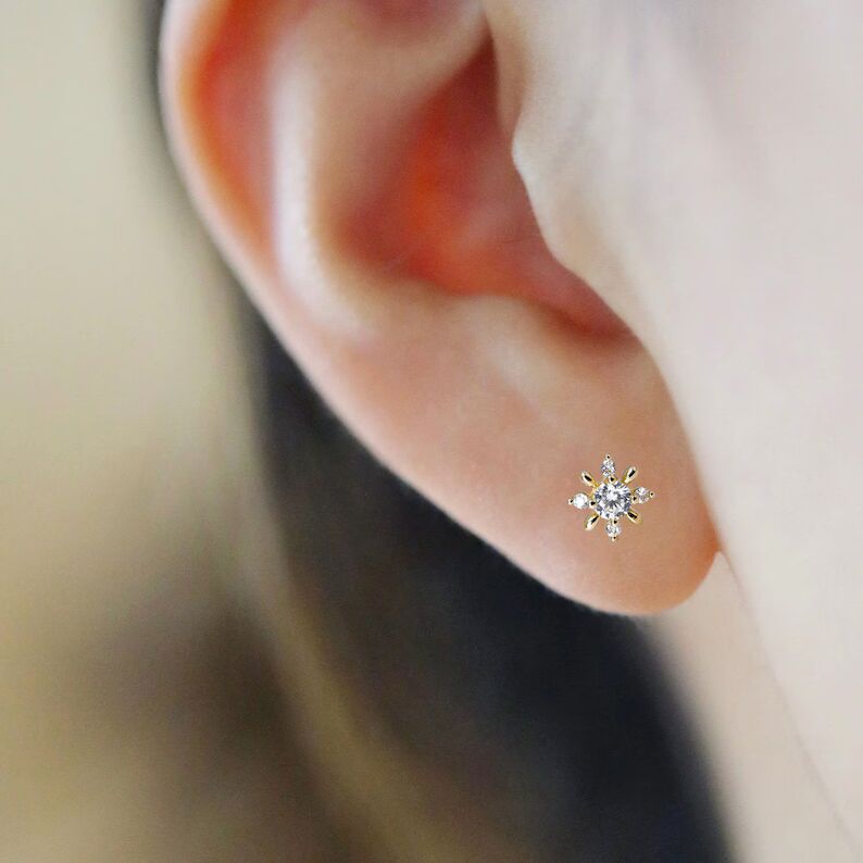 Dainty Sunburst Diamond Stud Earrings in 14K Yellow Gold Round Brilliant Floral Cluster Design, Minimalist Everyday Fine Jewelry for Women Minimal Jewelry Gift for Her or Second Piercing - Image 3