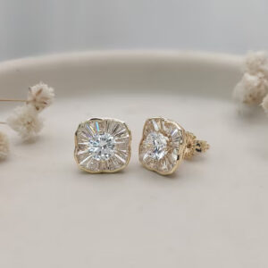 Vintage Style Gold Diamond Earrings for Women Featuring Round Center Stones in Textured Halo Setting Elegant Fine Jewelry Gift Elegant Jewelry for Daily Wear