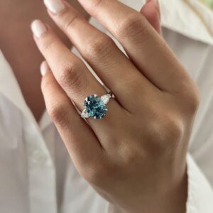 Elegant Blue OvalCut Diamond Three Stone Engagement Ring in 14K White Gold Teal Center Stone with Pear Shaped Side Diamonds, Vintage-Inspired Bridal Ring, Unique Fine Jewelry Gift for Her