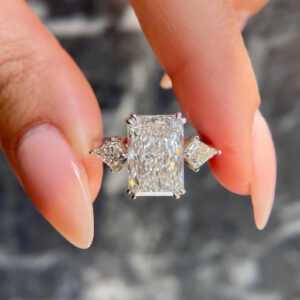 Impressive Luxury Radiant Cut Diamond Three Stone Engagement Ring in 14K White Gold Large Center Stone with Trapezoid Side Diamonds, Elegant Statement Bridal Ring, High End Fine Jewelry Gift for Her