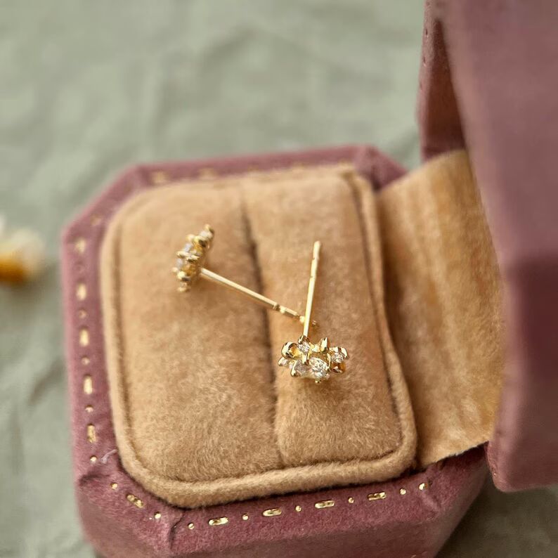Dainty Sunburst Diamond Stud Earrings in 14K Yellow Gold Round Brilliant Floral Cluster Design, Minimalist Everyday Fine Jewelry for Women Minimal Jewelry Gift for Her or Second Piercing - Image 4