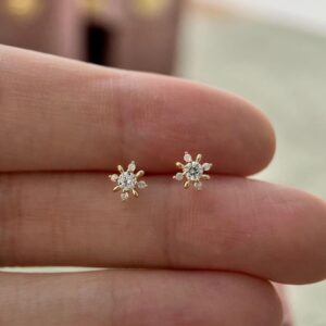 Dainty Sunburst Diamond Stud Earrings in 14K Yellow Gold Round Brilliant Floral Cluster Design, Minimalist Everyday Fine Jewelry for Women Minimal Jewelry Gift for Her or Second Piercing