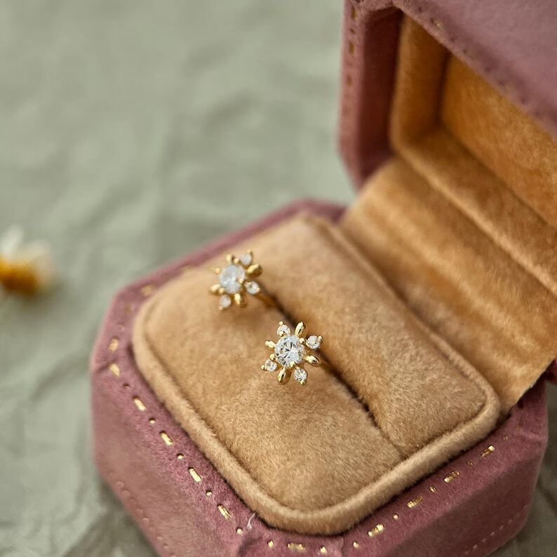 Dainty Sunburst Diamond Stud Earrings in 14K Yellow Gold Round Brilliant Floral Cluster Design, Minimalist Everyday Fine Jewelry for Women Minimal Jewelry Gift for Her or Second Piercing - Image 5