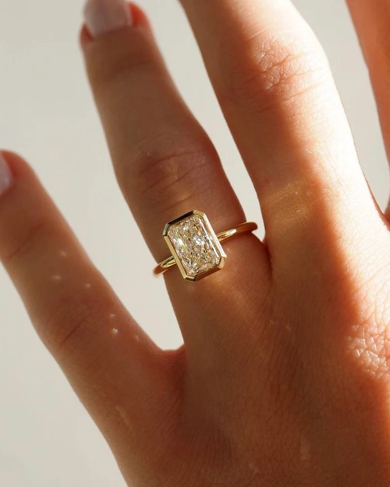Vintage Inspired Emerald Cut Diamond Bezel Set Ring in 14K Yellow Gold Minimalist Solitaire Engagement Ring with Octagonal Step Cut Stone, Modern Classic Fine Jewelry Gift for Her - Image 2