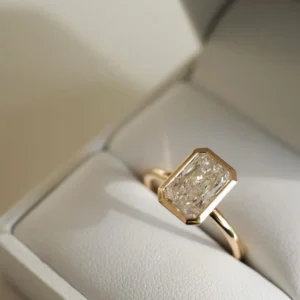 Vintage Inspired Emerald Cut Diamond Bezel Set Ring in 14K Yellow Gold Minimalist Solitaire Engagement Ring with Octagonal Step Cut Stone, Modern Classic Fine Jewelry Gift for Her