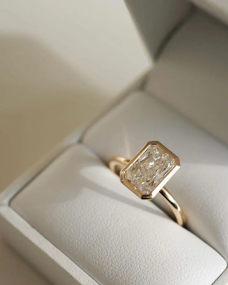 Vintage Inspired Emerald Cut Diamond Bezel Set Ring in 14K Yellow Gold Minimalist Solitaire Engagement Ring with Octagonal Step Cut Stone, Modern Classic Fine Jewelry Gift for Her