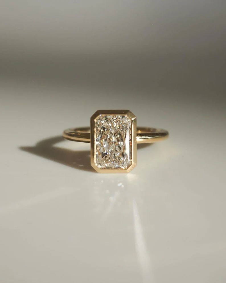 Vintage Inspired Emerald Cut Diamond Bezel Set Ring in 14K Yellow Gold Minimalist Solitaire Engagement Ring with Octagonal Step Cut Stone, Modern Classic Fine Jewelry Gift for Her - Image 3