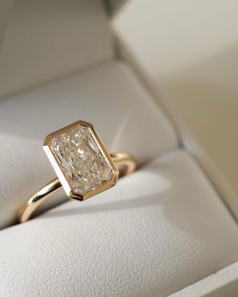 Vintage Inspired Emerald Cut Diamond Bezel Set Ring in 14K Yellow Gold Minimalist Solitaire Engagement Ring with Octagonal Step Cut Stone, Modern Classic Fine Jewelry Gift for Her - Image 4