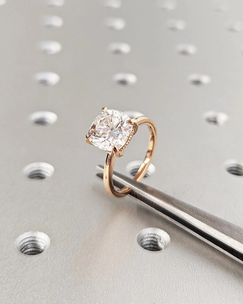 Silky Beam Cushion Cut Diamond Solitaire Engagement Ring in 14K Rose Gold Rounded Square Center Stone with Hidden Halo Detail, Minimalist Luxury Bridal Ring, Fine Jewelry Gift for Her