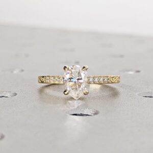 Pure Harmony 14K Yellow Gold Oval Cut Diamond Engagement Ring with Pavé Diamond Band Vintage Inspired Engraved Ring Minimalist Bridal Ring Classic Fine Jewelry Gift for Women