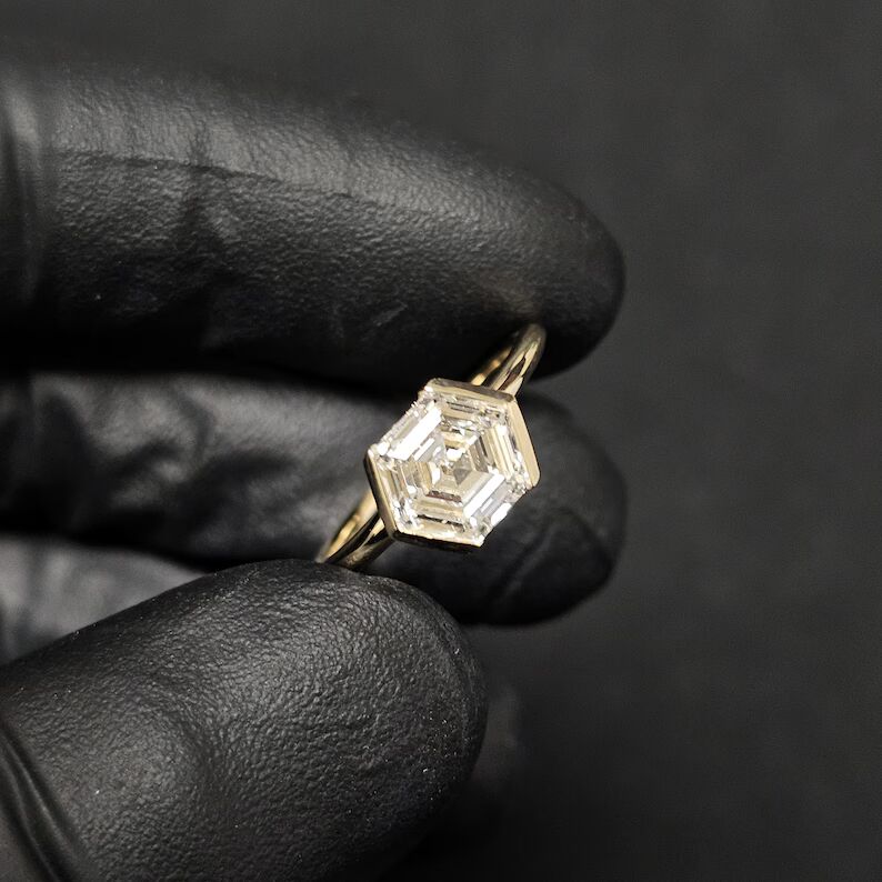 Hexagon cut diamond solitaire engagement ring in a sleek bezel setting, crafted in 14K yellow gold Luxury modern design with bold geometry, refined elegance, and high end sophisticated sparkle - Image 4
