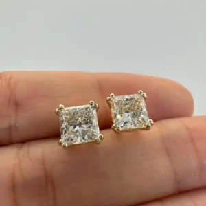 Luxury Princess Cut Diamond Stud Earrings in 14k Yellow Gold, Square Solitaire Design with Four Prong Setting, Large Brilliant Sparkle Statement Earrings, Timeless Elegant Fine Jewelry Gift for Women