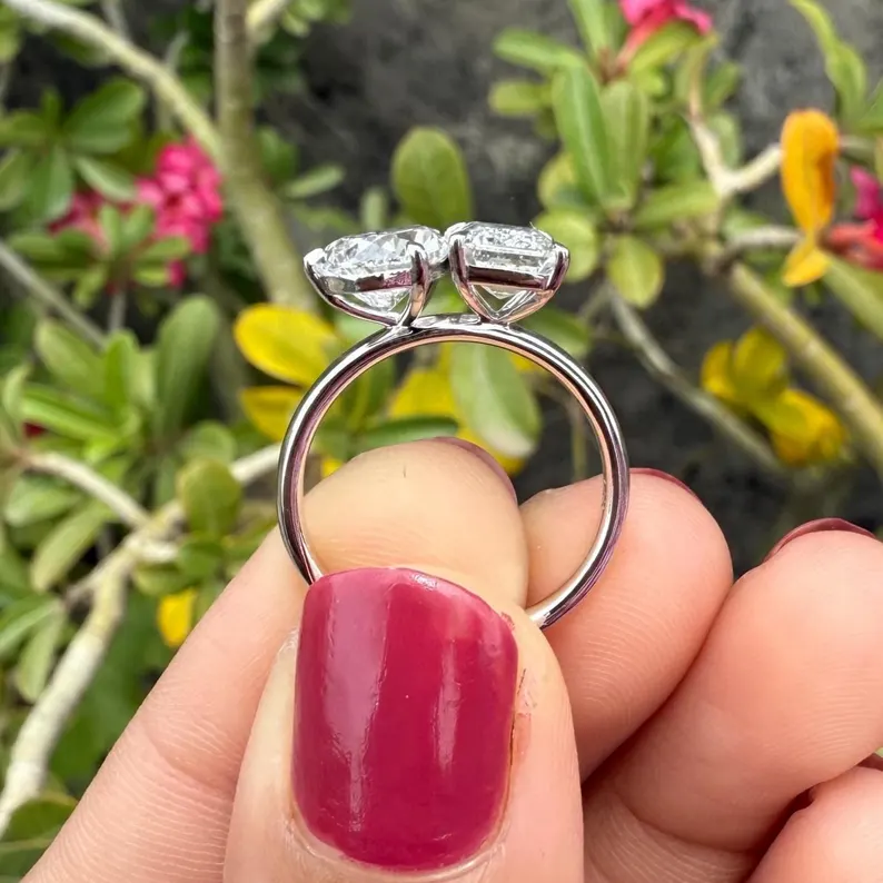 Artistic Toi et Moi Diamond Engagement Ring in 14K White Gold Pear Cut and Emerald Cut Dual Stone Ring, Modern Two Stone Statement Bridal Ring, Elegant Fine Jewelry Gift for Her - Image 4