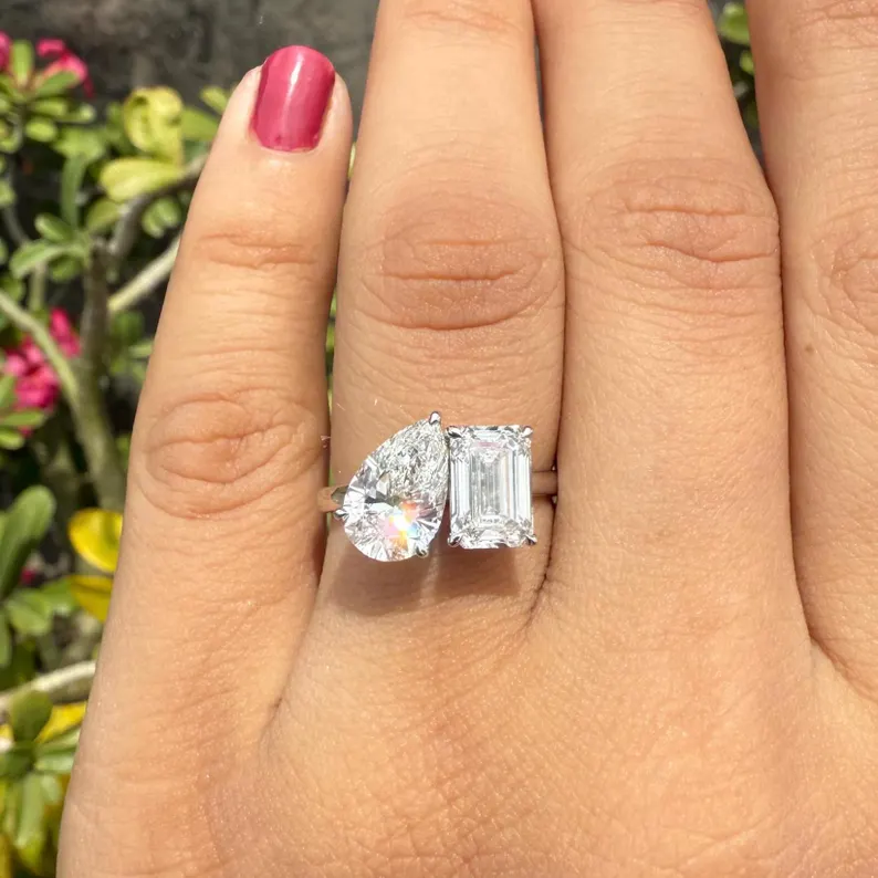 Artistic Toi et Moi Diamond Engagement Ring in 14K White Gold Pear Cut and Emerald Cut Dual Stone Ring, Modern Two Stone Statement Bridal Ring, Elegant Fine Jewelry Gift for Her - Image 3