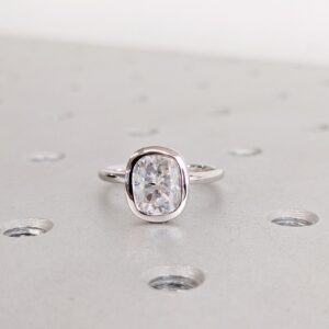 Designer Cushion Cut Diamond Bezel Engagement Ring 14K White Gold Modern Minimalist Solitaire Ring Elegant Sophisticated Bridal Jewelry Fine Luxury Gift for Women