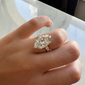 Sculptural Marquise Cut Diamond Engagement Ring in 14K White Gold Large Elongated Solitaire with Pave Diamond Band, Elegant Statement Bridal Ring, Timeless Fine Jewelry Gift for Her