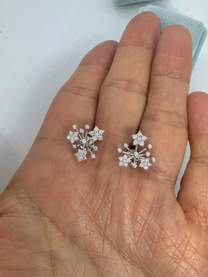 Sparkling Snowflake Diamond Stud Earrings in 14k White Gold, Starburst Celestial Cluster Design with Multi Stone Accents, Dainty Winter Inspired Statement Jewelry, Elegant Festive and Everyday Fine Jewelry Gift for Women - Image 2