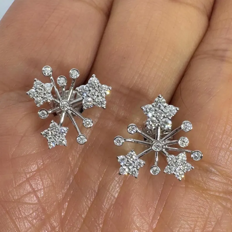 Sparkling Snowflake Diamond Stud Earrings in 14k White Gold, Starburst Celestial Cluster Design with Multi Stone Accents, Dainty Winter Inspired Statement Jewelry, Elegant Festive and Everyday Fine Jewelry Gift for Women