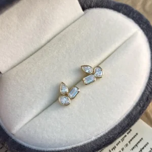 Solid Gold Multi Shape Diamond Earrings for Women Delicate Stud Design with Pear Round and Baguette Stones Fine Jewelry Gift for Her Minimalist Jewelry Piece for Women Elegant Gift Idea
