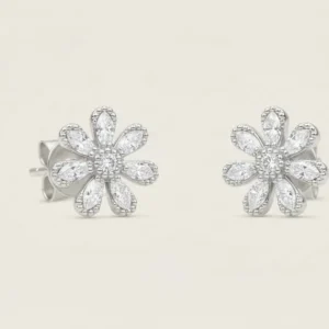 Floral Diamond Stud Earrings in 14K White Gold Elegant Flower Cluster Fine Jewelry, Dainty Sparkling Earrings for Women, Romantic Gift for Her