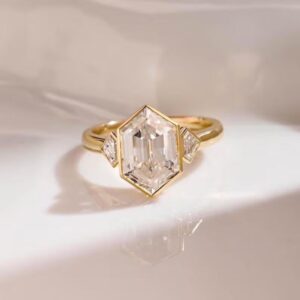 Radielle Hexagon diamond engagement ring with multi-stone geometric design, set in 14K rose gold, featuring a modern art deco style with bold symmetry and elegant sparkle (Copy)