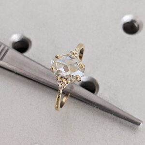 Stunning 14K Yellow Gold Oval Rose Cut Diamond Engagement Ring with Side Accent Diamonds Minimalist Solitaire Ring Vintage Inspired Bridal Jewelry Fine Jewelry Gift for Women