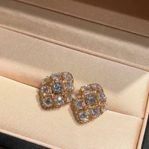 Bold Cushion Shaped Diamond Cluster Stud Earrings in 14k Yellow Gold, Dome Grid Multi Stone Design with Round Brilliant Diamonds, Luxury Statement Earrings with High Sparkle, Elegant Party and Bridal Fine Jewelry Gift for Women