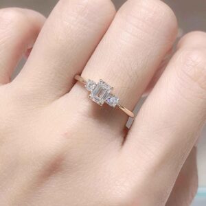 Everlume 14K Gold Emerald Cut Diamond Three Stone Ring for Women Center Rectangle Stone with Side Accents Fine Jewelry Engagement Gift