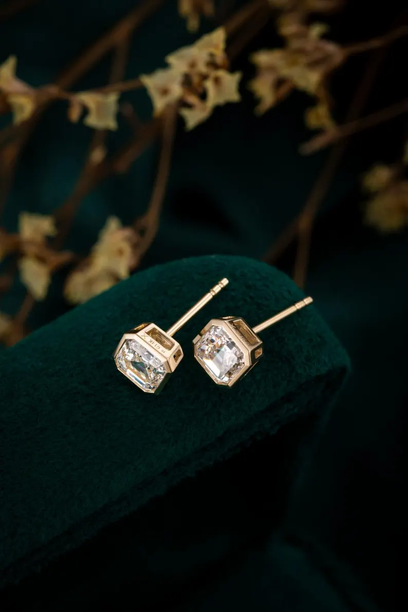 Elegant Asscher Cut Diamond Stud Earrings in 14k Yellow Gold, Octagonal Step Cut Solitaire with Modern Bezel Setting, Vintage Art Deco Inspired Design with Clean Geometric Lines, Timeless Minimalist Fine Jewelry Gift for Women - Image 4