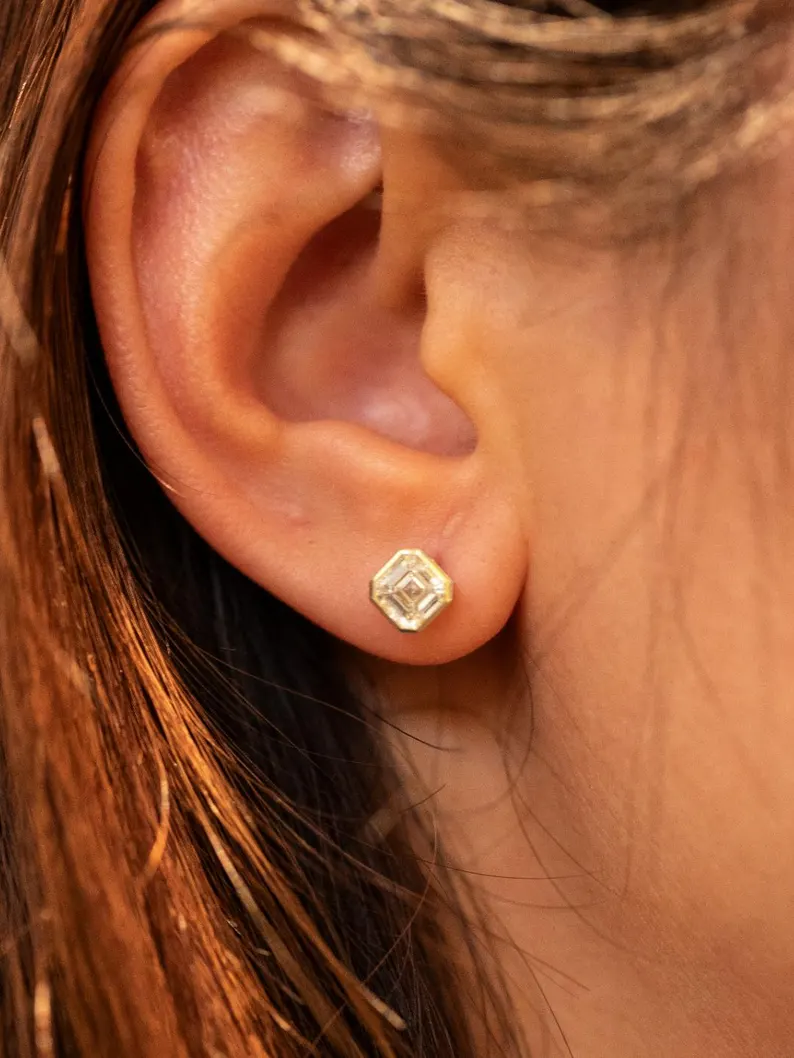 Elegant Asscher Cut Diamond Stud Earrings in 14k Yellow Gold, Octagonal Step Cut Solitaire with Modern Bezel Setting, Vintage Art Deco Inspired Design with Clean Geometric Lines, Timeless Minimalist Fine Jewelry Gift for Women - Image 3