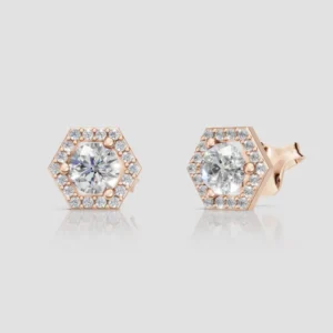 Geometric Diamond Earrings in Gold Hexagon Halo Stud Style Modern Fine Jewelry for Women Minimalist Everyday Wear Women Elegant Geometric Fine Jewelry Gift